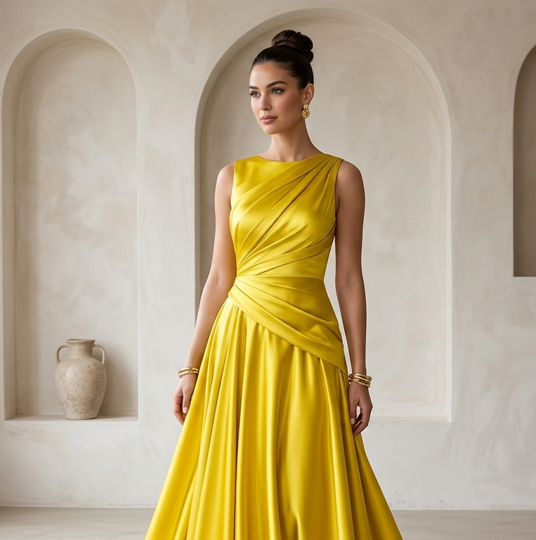 Royal Emerald Silk Yellow Gown